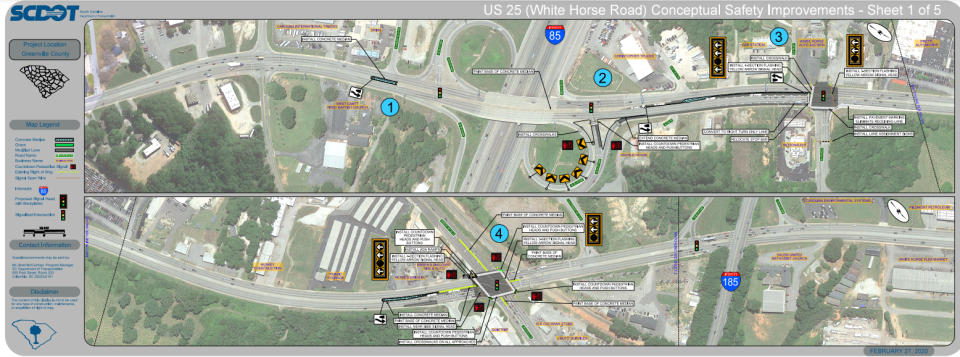 One of the five SCDOT White Horse Rd. Conceptual Safety Improvements map that shows improvements along White Horse Rd.