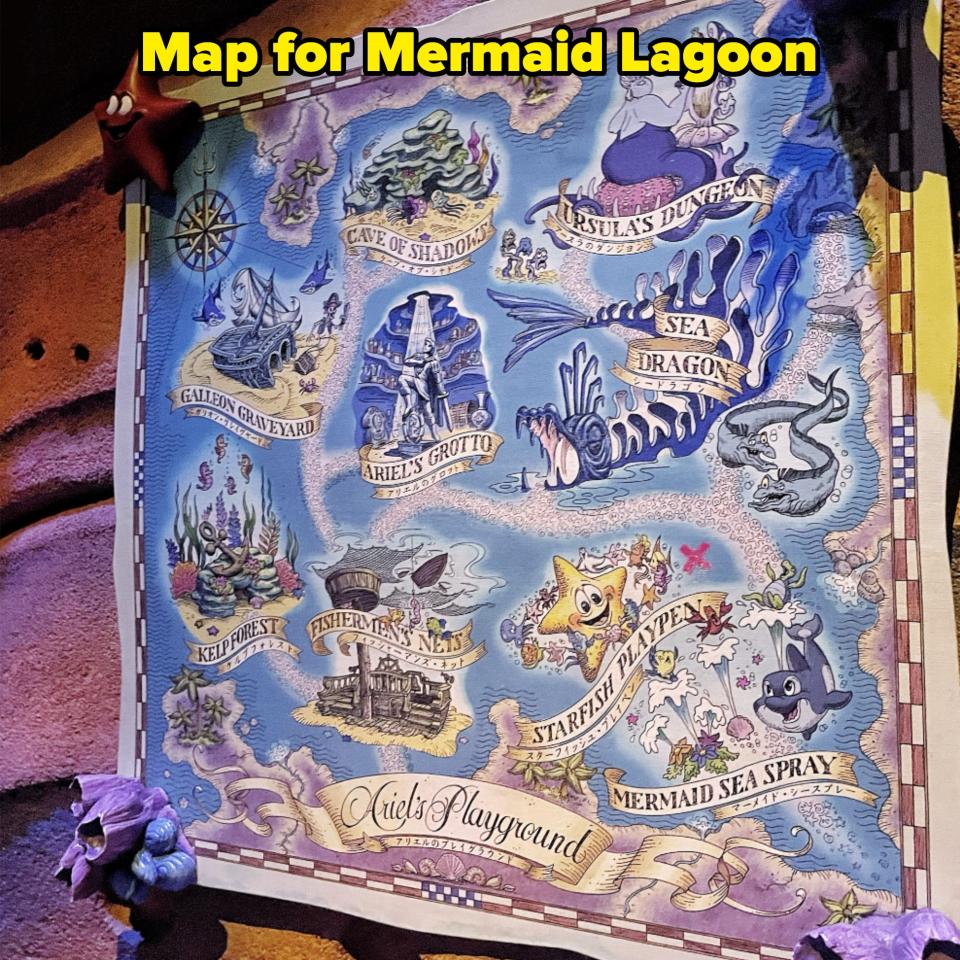 A whimsical map titled “Ariel’s Playground” featuring illustrations and names of various themed locations such as Ursula’s Dungeon, Sea Dragon, and Starfish Play Pen