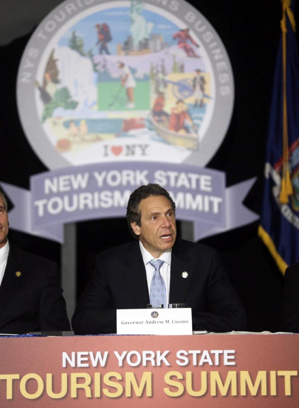 New York Gov. Andrew Cuomo speaks during the New York State Tourism Summit on Wednesday, May 8, 2013, in Albany, N.Y. The governor is trying to map out a better way to showcase New York state's seasonal attractions and boost businesses. The focus will range from summer attractions such as Niagara Falls, the Erie Canal and Adirondacks to the rebuilding of boardwalks and beaches on Long Island hit hard by Superstorm Sandy last fall. (AP Photo/Mike Groll)