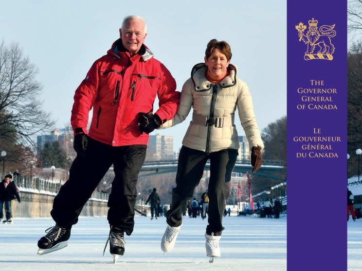 The Governor General David Johnston and his wife Sharon skating on the Rideau Canal on the cover of their 2014 Christmas card. Photo from The Canadian Press. 