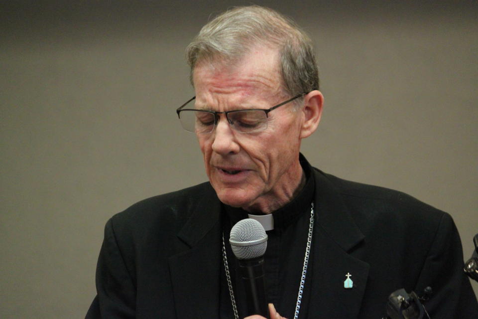 Archbishop John C. Wester, head of the Archdiocese of Santa Fe, pauses while announcing the diocese will be filing for Chapter 11 bankruptcy protection next week, as clergy sex abuse claims have depleted its reserves, during a news conference in Albuquerque, N.M., on Thursday, Nov. 29, 2018. (AP Photo/Susan Montoya Bryan)