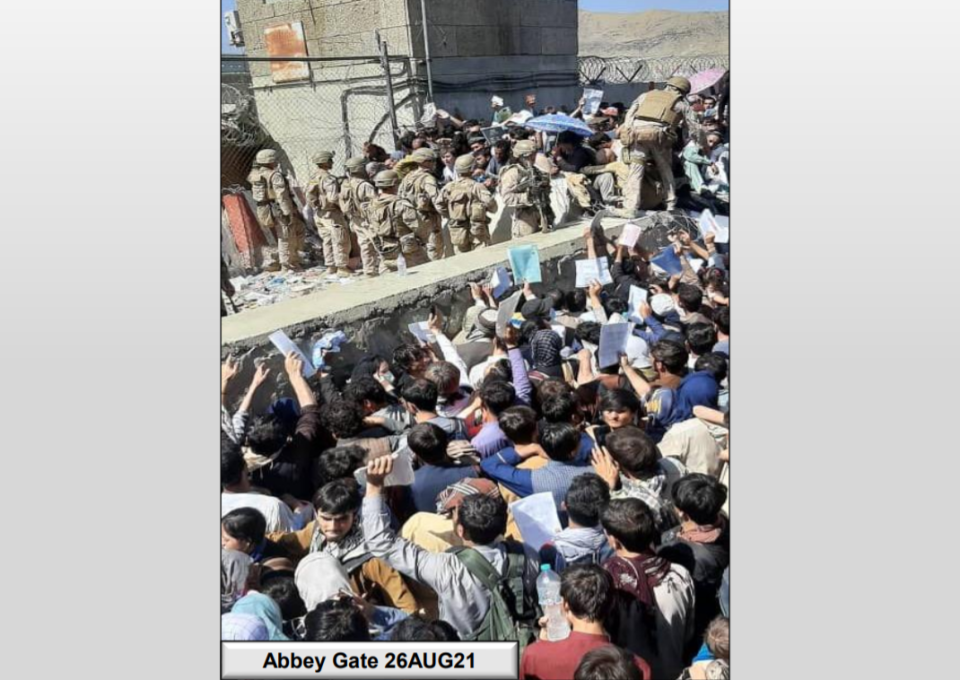 Crowds at Abbey Gate, at the Kabul Airport on August 26, 2021, the day that a suicide attacker detonated a bomb that killed 13 U.S. service members and over 170 Afghans. / Credit: Defense Department report on investigation, Feb. 4, 2022