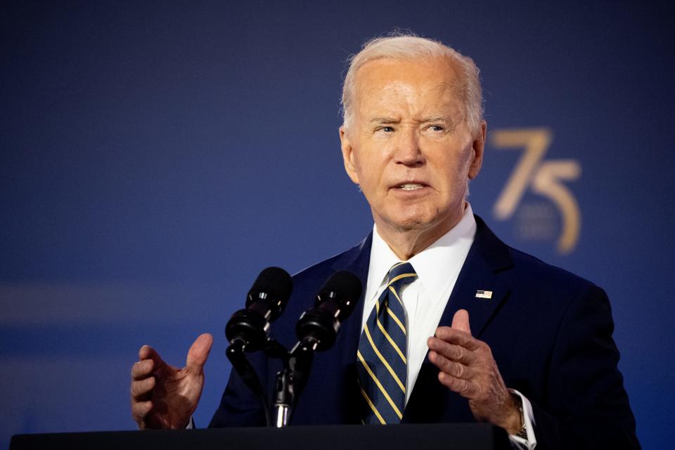 President Joe Biden speaks during a NATO 75th anniversary celebratory event at the Andrew Mellon Auditorium on July 9, 2024 in Washington, DC.