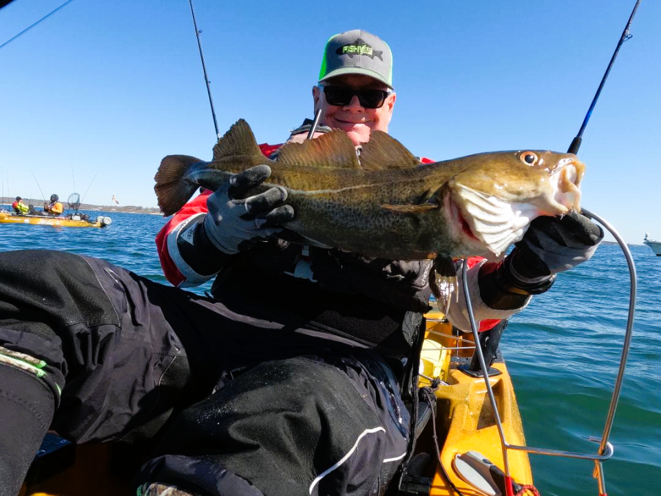 Kayak angler Tom Houde with the 26-inch cod he caught on April 8 while fishing for tautog off Point Judith.