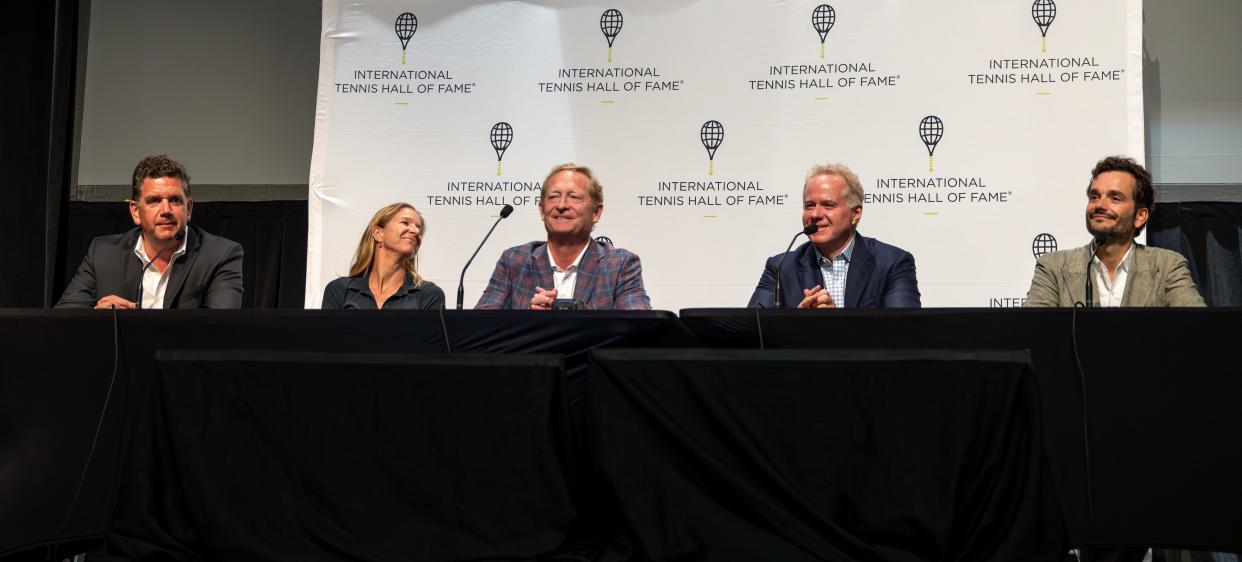 The International Tennis Hall of Fame announced on Wednesday that there will be a women's tournament starting in 2025. Pictured from left are Hall of Fame Open  tournament director Brewer Rowe, former WTA player and Rhode Island native Jill Craybas, Hall of Fame CEO Dan Faber, Patrick McEnroe and Eric Lamquet.