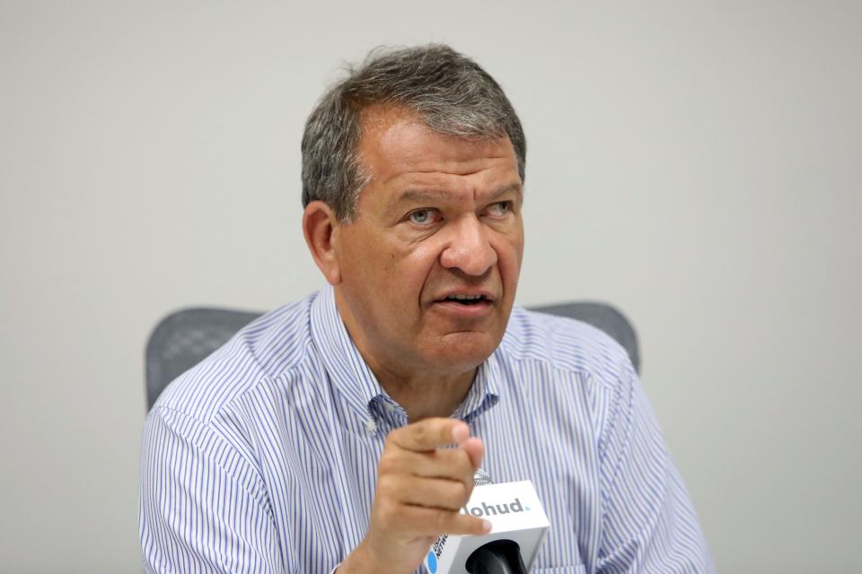 Westchester County Executive George Latimer, candidate for New York's 16th Congressional District, is interviewed by reporters at The Journal News/lohud offices in West Harrison on May 23, 2024.