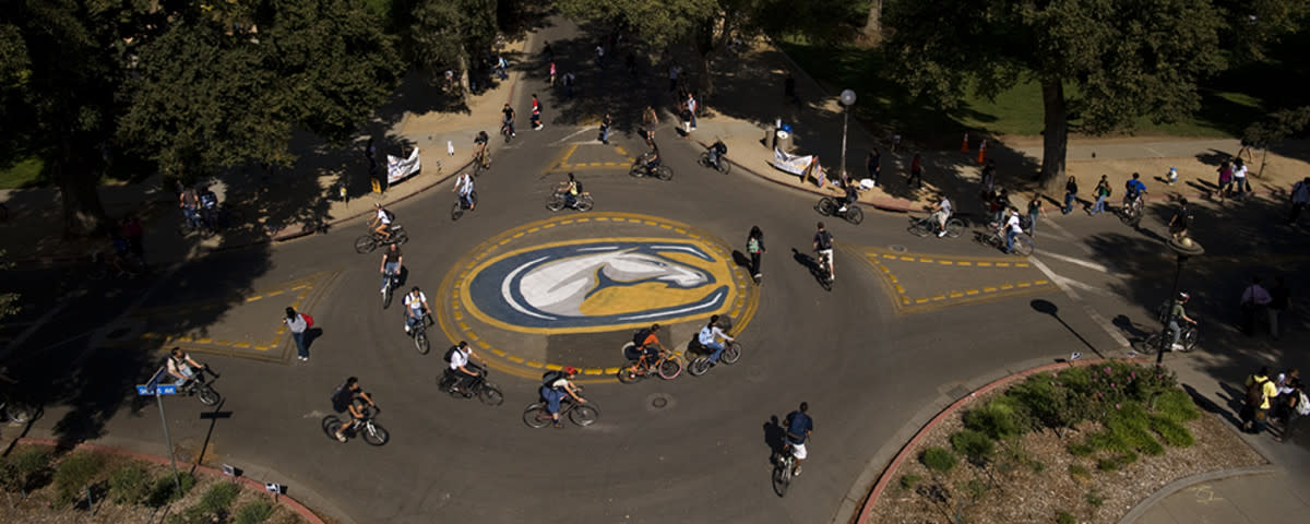 A cycling-specifc roundabout on the UC Davis campus is one of many unique infrastructure projects in Davis, CA.<p>UC Davis</p>