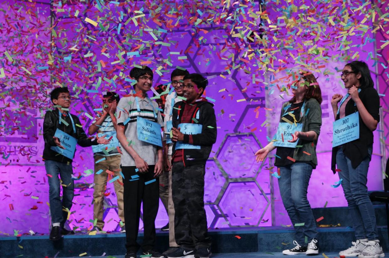 <span class="caption">Co-champions celebrate at the Scripps National Spelling Bee in National Harbor, Maryland, on May 31, 2019. The winning spellers made history with eight co-champions, most ever in spelling event's history.</span> <span class="attribution"><a class="link " href="https://www.gettyimages.com/detail/news-photo/co-champions-sohum-sukhatankar-of-dallas-texas-saketh-news-photo/1152757579?adppopup=true" rel="nofollow noopener" target="_blank" data-ylk="slk:Alex Wong/Getty Images;elm:context_link;itc:0;sec:content-canvas">Alex Wong/Getty Images</a></span>