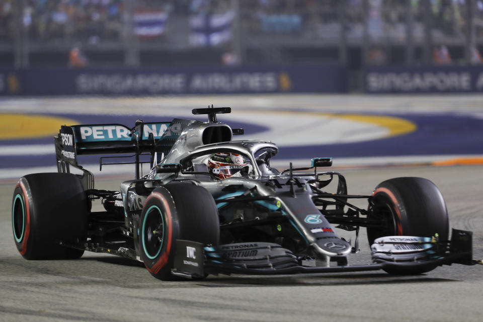 Mercedes driver Lewis Hamilton of Britain steers his car during the Singapore Formula One Grand Prix, at the Marina Bay City Circuit in Singapore, Sunday, Sept. 22, 2019. (AP Photo/Vincent Thian)