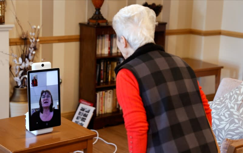 Resident Copping chats via Facebook Portal to her daughter at the Foxholes Care Home