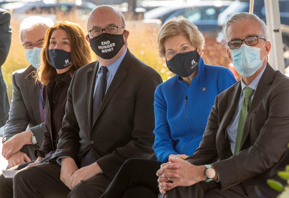 A new Veterans Affairs outpatient clinic was opened on the UMass Chan Medical School campus, where speakers included, Dr. Terence R. Flotte, left, Dean of the T.H. Chan School of Medicine; Lt. Gov. Karyn Polito; U.S. Rep. James P. McGovern; U.S. Sen. Elizabeth Warren; and U.S. Secretary of Veterans Affairs Denis McDonough.
