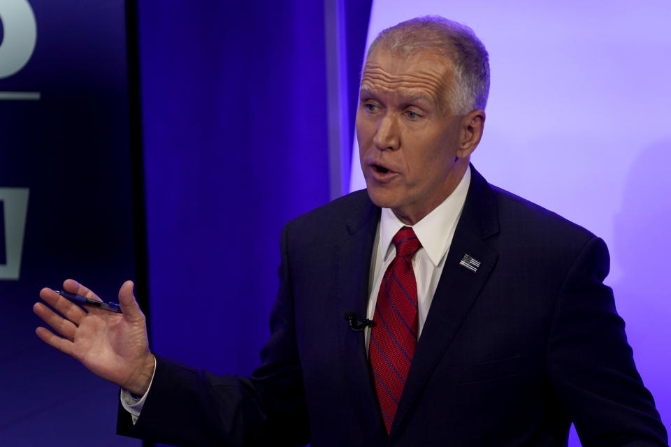 U.S. Sen. Thom Tillis, R-N.C., speaks during a televised debate with Democratic challenger Cal Cunningham, Thursday, Oct. 1, 2020, in Raleigh, N.C. (AP Photo/Gerry Broome, Pool)