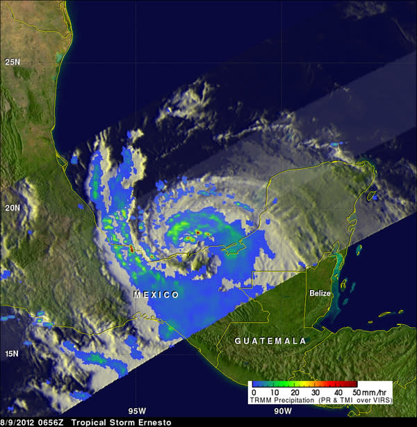 NASA's TRMM satellite saw tropical storm Ernesto on August 9, 2012 at 0656 UTC (2:36 a.m. EDT) after it moved from the Yucatan Peninsula into the Gulf of Mexico. Powerful convective thunderstorms were dropping rain at a rate greater than 50mm p