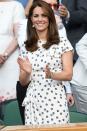 <p>Kate Middleton joined Meghan Markle for Serena Williams' Wimbledon match, choosing a printed dress by Jenny Packham and pearl earrings for the occasion. </p>