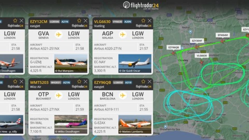 This image shows planes in holding patterns waiting to land at London Gatwick airport. - FlightRadar24