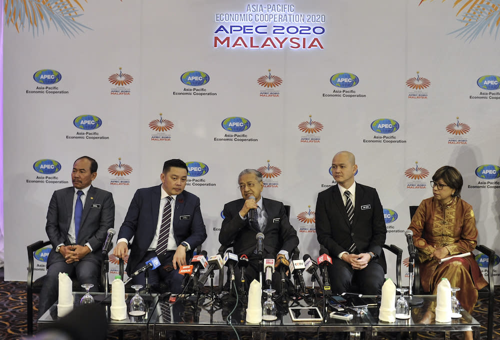 Prime Minister Tun Dr Mahathir Mohamad speaks to the media after the launch of Apec 2020 in Cyberjaya December 4, 2019. — Picture by Shafwan Zaidon