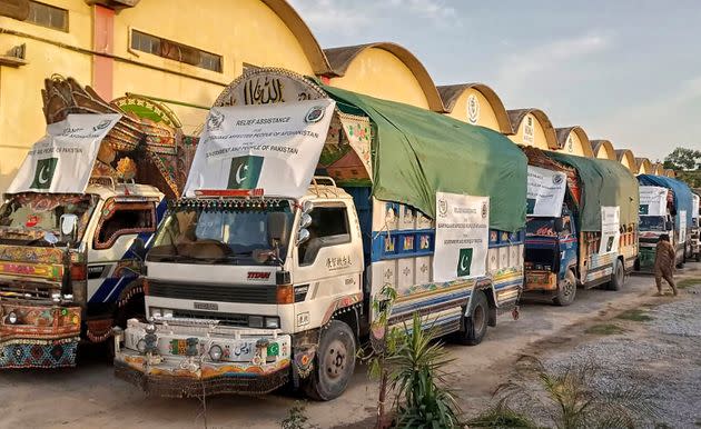 In this photo released by Pakistan's National Disaster Management Authority, a convoy of trucks carrying relief goods including tents, blankets and emergency medicine for Afghanistan's earthquake-hit areas, prepares to leave for Afghanistan on June 23, 2022. (Photo: National Disaster Management Authority via AP)