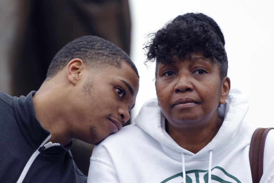 Michigan State's Miles Bridges, left, talks with his mother, Cynthia, during an NCAA college basketball news conference, Thursday, April 13, 2017, in East Lansing, Mich. Bridges, a 6-foot-7 forward from Flint, Mich., announced he is returning for his sophomore season. (AP Photo/Al Goldis)