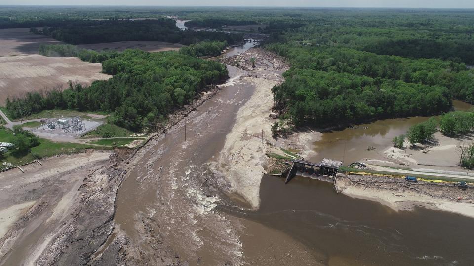 The area where the Edenville Dam used to be until it failed, sending flood waters through the area to as far south as Midland, devastating towns along the way.