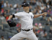 New York Yankees starting pitcher J.A. Happ throws during the first inning of a baseball game against the Baltimore Orioles at Yankee Stadium Sunday, Sept. 23, 2018, in New York. (AP Photo/Seth Wenig)