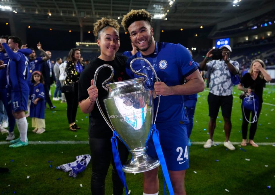 Chelsea's Reece James celebrates with the trophy after winning the Champions League in May 2021 (Pool via REUTERS)