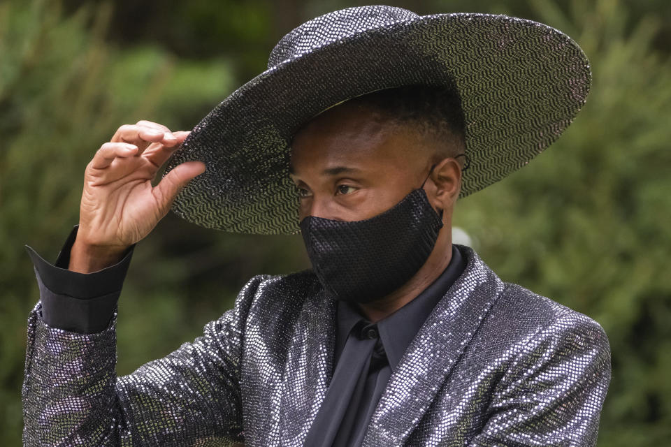 Billy Porter attends the Christian Siriano fashion show held at Christian's home as part of New York Fashion Week on Thursday, Sept. 17, 2020, in Westport, Conn. (Photo by Charles Sykes/Invision/AP)