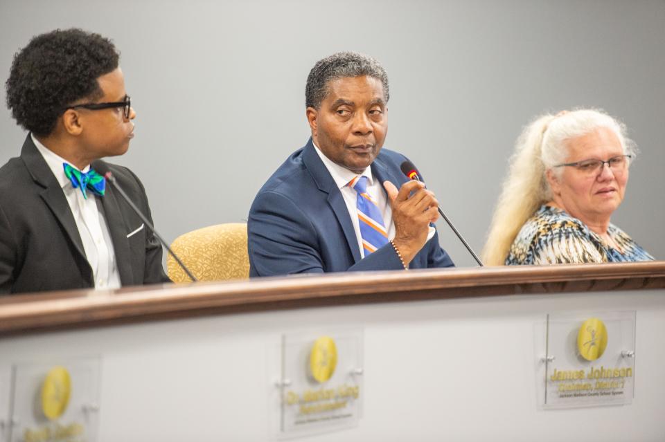 Jackson-Madison County School Board Chairman James Johnson moves to vote on American Classical Education's application during the Jackson-Madison County School Board meeting on Thursday, Apr. 27, 2023. 