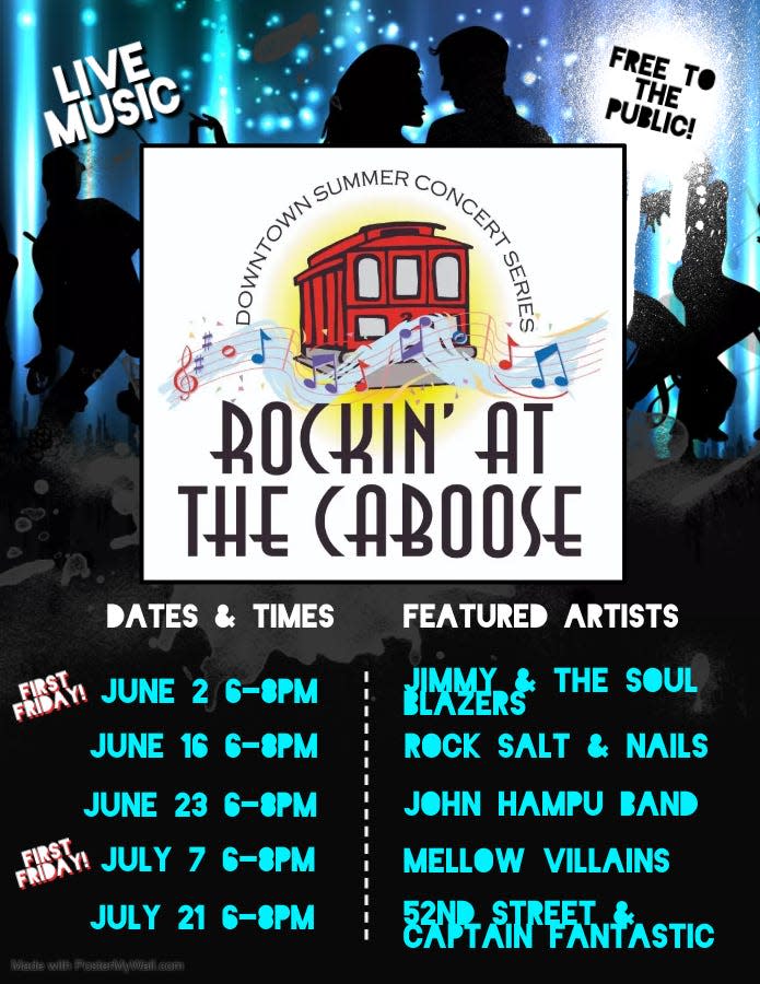 The lineup for the 2023 "Rockin At The Caboose" downtown summer concert series in Alliance. The concerts are free.