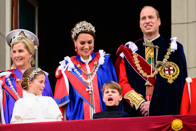Leon Neal/Getty Sophie, the Duchess of Edinburgh, Princess Charlotte, Kate Middleton, Prince Louis and Prince William on the balcony of Buckingham Palace on the May 6 coronation day.