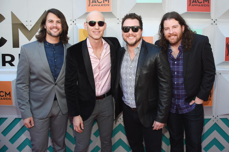 LAS VEGAS, NEVADA - APRIL 03:  (L-R) Recording artists Chris Thompson, Jon Jones, Mike Eli and James Young of music group Eli Young Band attend the 51st Academy of Country Music Awards at MGM Grand Garden Arena on April 3, 2016 in Las Vegas, Nevada.  (Photo by Rick Diamond/ACM2016/Getty Images for dcp)