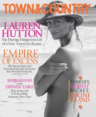 <div class="caption-credit"> Photo by: Town&Country</div><b>3. Lauren Hutton</b> Hutton's June 2013 Town & Country cover was a best seller this year with 44,343 copies sold. Instead of using a new photo of the 65-year-old model, the magazine chose a never-before-seen shot from 1968 of Hutton topless and wearing a sun hat. <br>