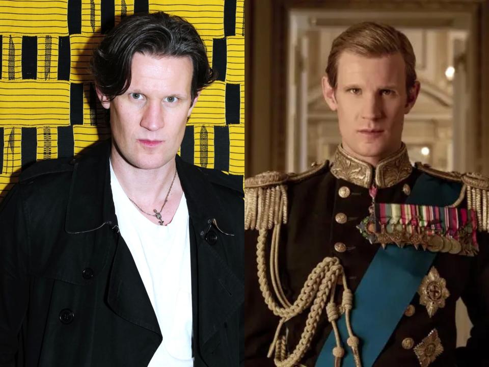 Matt Smith in October 2023 and on "The Crown" season one.