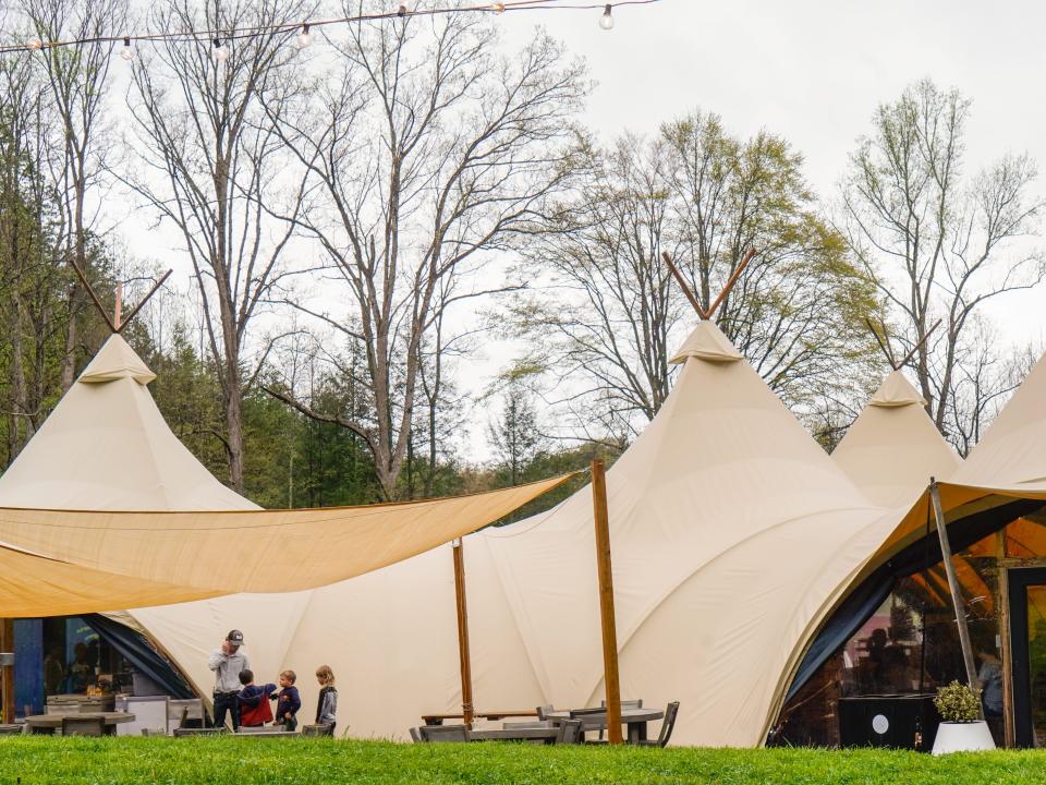 Campers play in front of a tent with green grass below them. There are trees in the background.