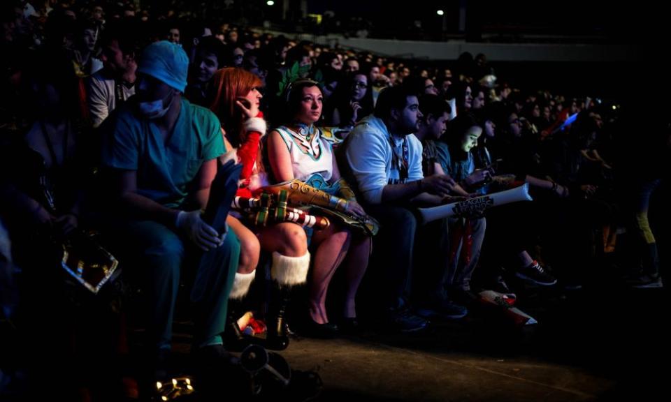 Two female cosplayers attend the League of Legends Challenge France final, in the Palais des Sports, in Lyon, 2017.