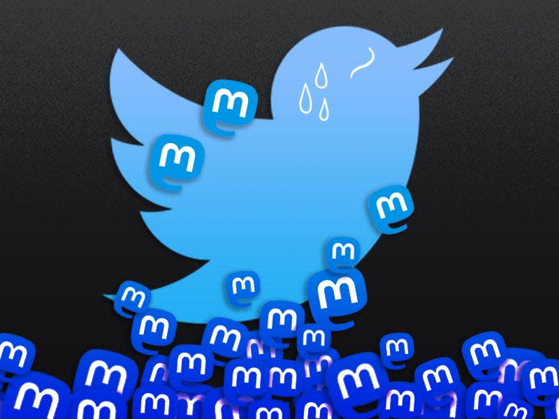 The Twitter bird logo being attacked and overwhelmed by Mastodon logos.