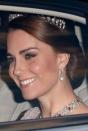 <p> Here, you can <em>just</em> spot Kate wearing the ruby necklace for a reception for the King and Queen of Spain in 2017. (We'll get to the Lover's Knot Tiara she's also sporting in a few slides.) Kate's styling of the necklace may have inspired the Queen... </p>