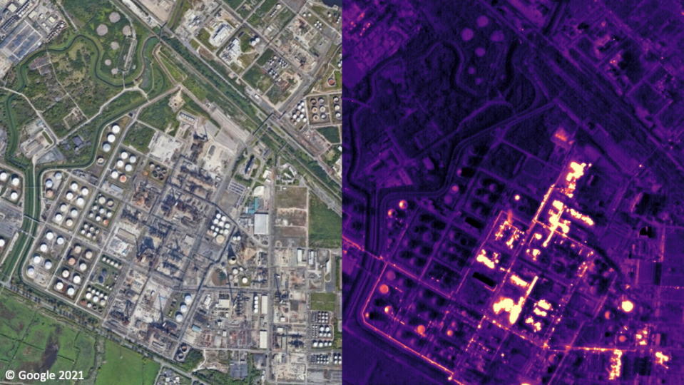 An aerial image side by side with a thermal image of the same area.