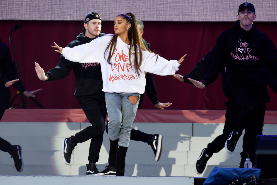 In this handout provided by 'One Love Manchester' benefit concert Ariana Grande performs on stage on June 4, 2017 in Manchester, England. Donate at www.redcross.org.uk/love