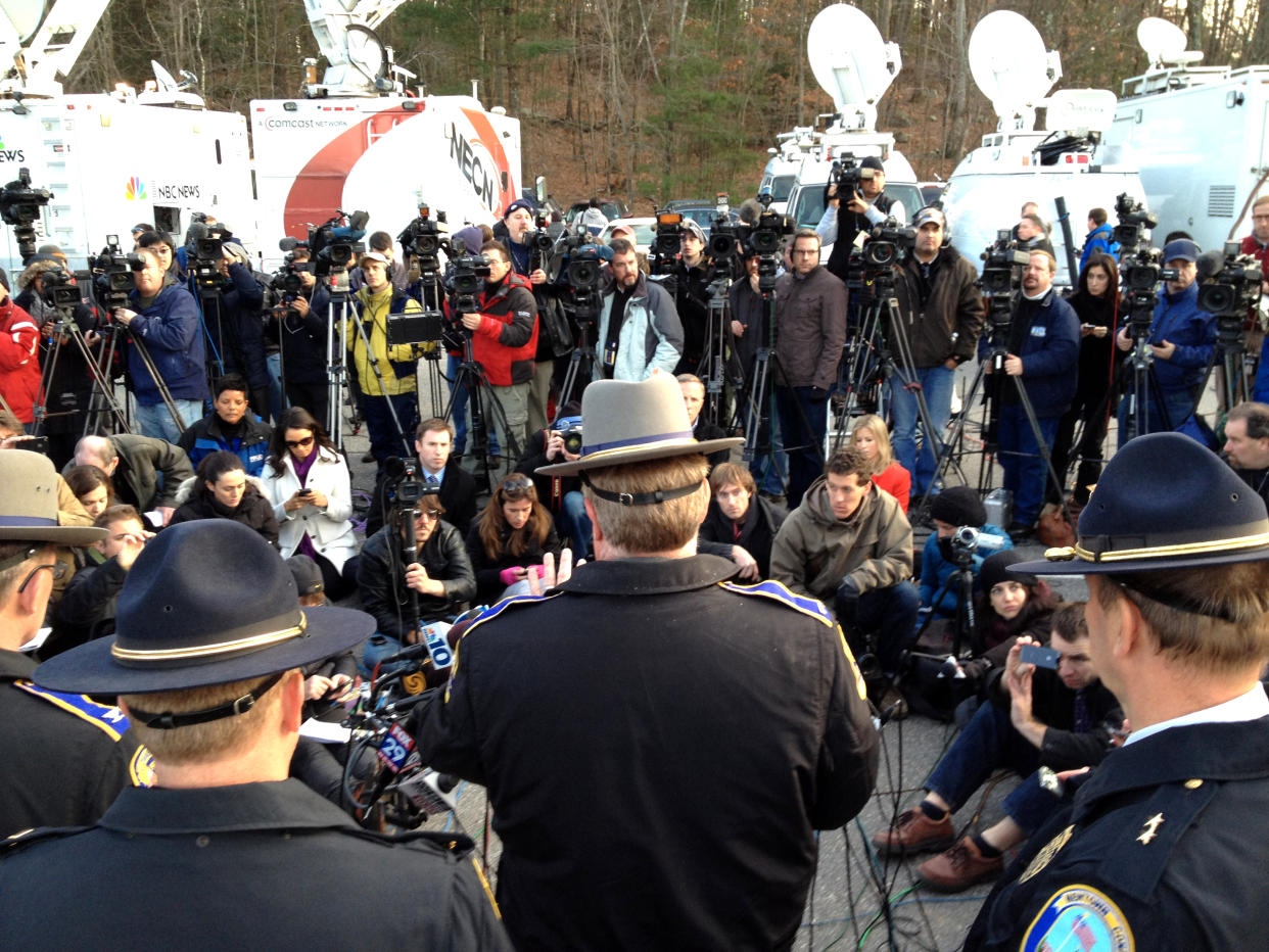 State police brief reporters in Newtown, Conn.