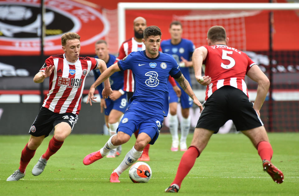 Christian Pulisic (middle) and Chelsea were shut down by Sheffield United on Saturday, losing 3-0. (Reuters)