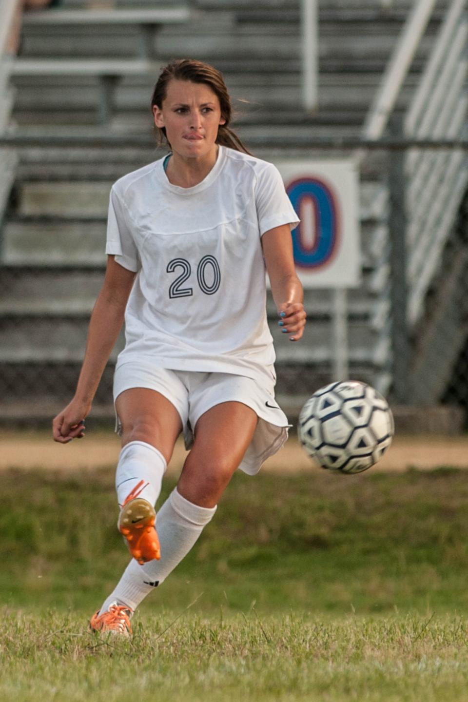 Terry Sanford's Kristie King scores her 4th goal during the third round game of the NCHSAA 3-A girls' soccer state playoffs between Terry Sanford and Burlington Williams at Terry Sanford High School on Wednesday, May 20, 2015.