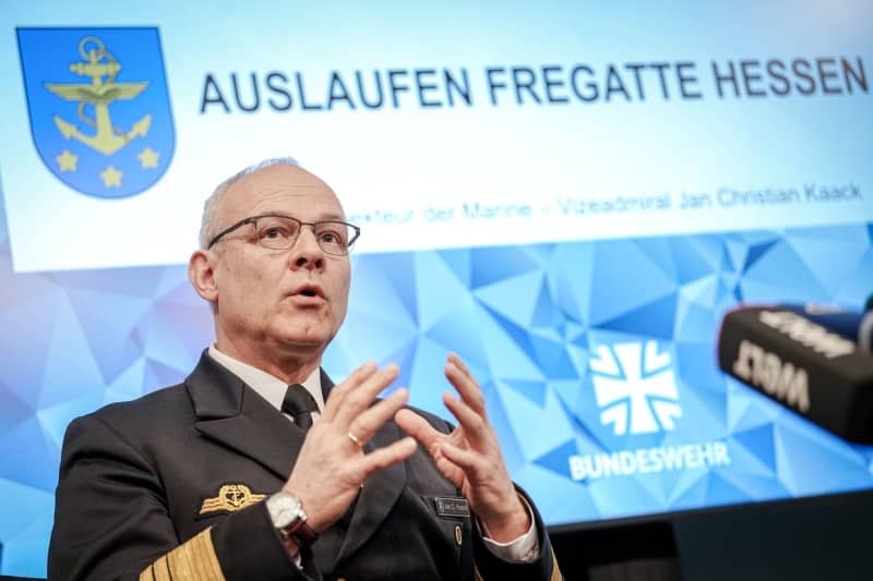 Vice Admiral Jan Christian Kaack, Inspector of the Navy, comments on the departure of the German naval frigate Hessen on a planned EU military mission to secure merchant shipping in the Red Sea against attacks by Houthi militants in Yemen. Kay Nietfeld/dpa