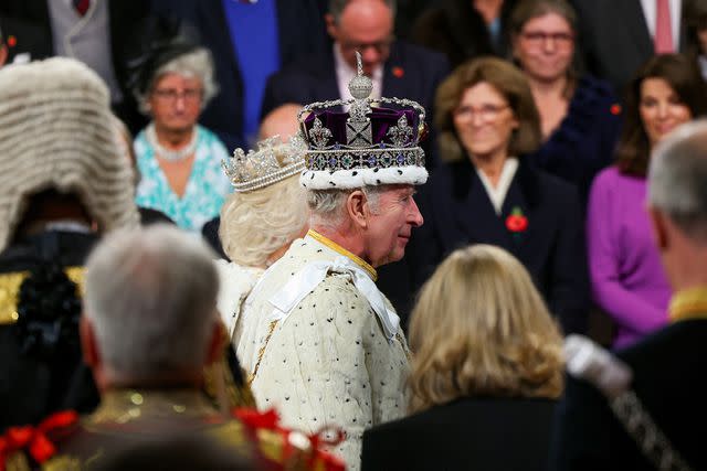 <p>Toby Melville - WPA Pool/Getty Images</p> King Charles and Queen Camilla attend the State Opening of Parliament on Nov. 7, 2023