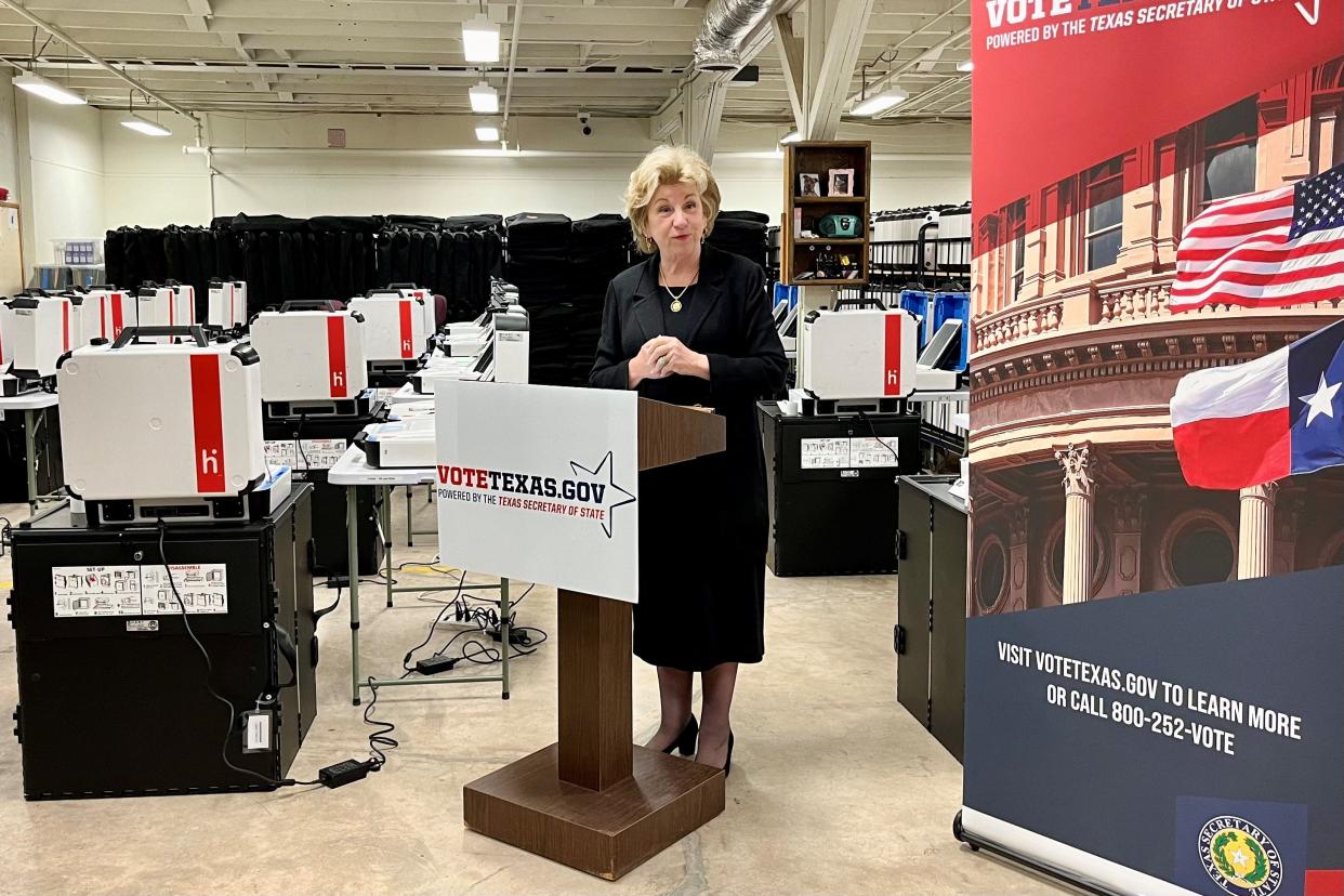 Texas Secretary of State Jane Nelson speaks at the Lubbock County Elections Office Wednesday morning. Nelson shared reminders and tips ahead of the 2024 election season.