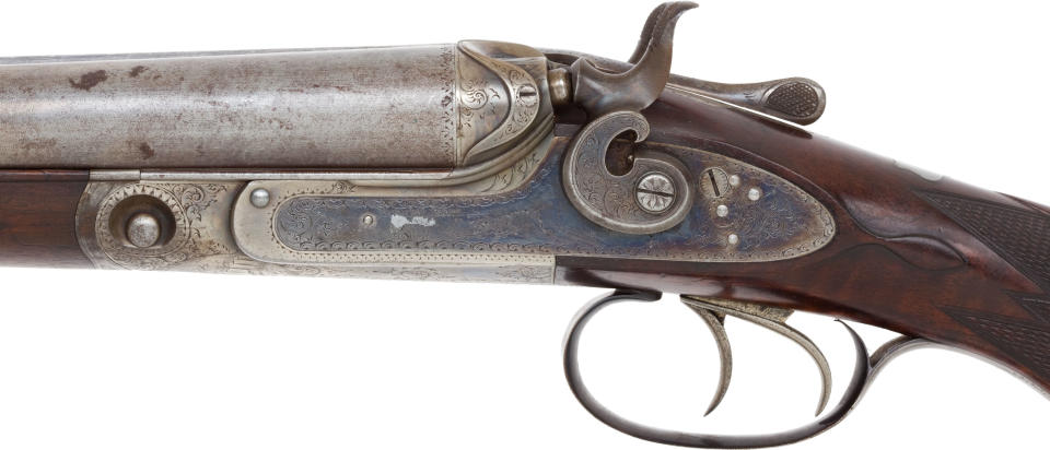 This handout photo, provided by Heritage Auctions, shows a close-up of Annie Oakley’s 12 Gauge Parker Brothers Shotgun, Serial #48767. This is the earliest known of Oakley's "real guns." Relatives of Oakley are selling items that once belonged to the legendary sharpshooter including a Stetson hat, guns, letters and photographs. Heritage Auctions will offer up about 100 items related to Oakley on Sunday in Dallas.(AP Photo/Courtesy of Heritage Auctions)