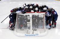 Feb 18, 2018; Gangneung, South Korea; The United States huddles before the game against Finland in the women's ice hockey semifinals during the Pyeongchang 2018 Olympic Winter Games at Gangneung Hockey Centre. Mandatory Credit: David E. Klutho-USA TODAY Sports