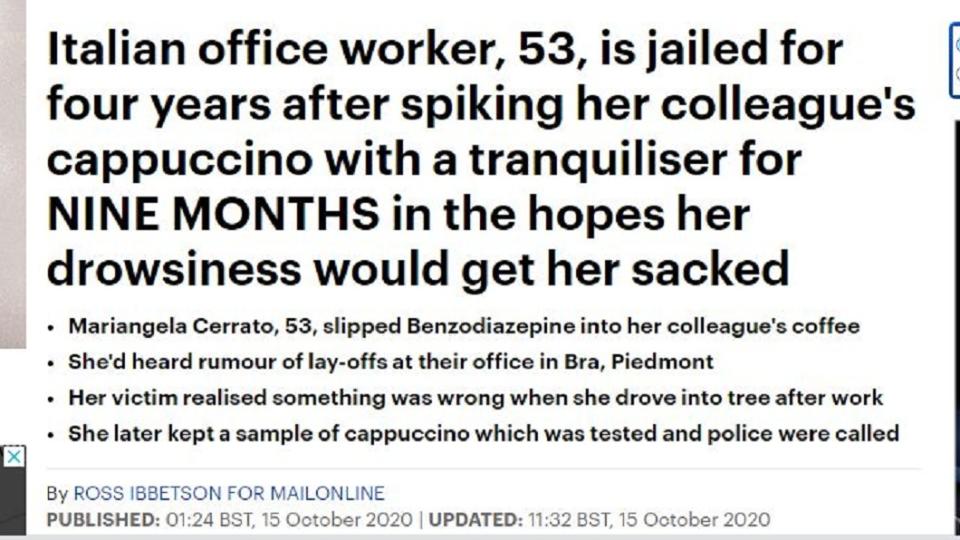 義大利一名大媽擔心恐被裁員，結果卻在同事的咖啡下藥，想讓她因為工作表現差而被開除。（圖／翻攝自每日郵報）