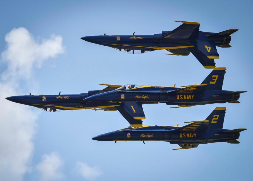 The U.S. Navy flight demonstration team, the Blue Angels, fly in formation over Naval Air Station Joint Reserve Base (NAS JRB) during the New Orleans Air Show 2017.