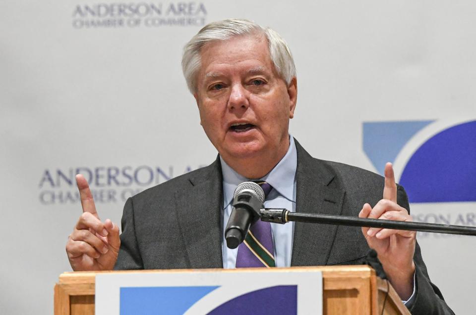 U.S. Sen Lindsey Graham spoke to the media about Sen. Tim Scott, and former SC Gov Nikki Haley at the 2024 Anderson Area Chamber of Commerce annual meeting at the Civic Center of Anderson, in Anderson S.C. Monday, March 4, 2024.