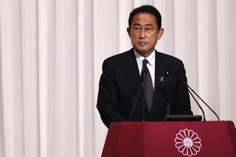 Japanese Prime Minister and leader of the Liberal Democratic Party, Fumio Kishida, speaks during a news conference after the results of the Upper House elections at the party headquarters on Monday, July 11, 2022, Tokyo, Japan. (Rodrigo Reyes Marin/Pool Photo via AP)